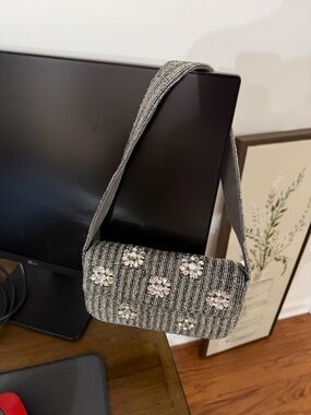 Anthropologie Silver Beaded Floral Mini Shoulder Bag